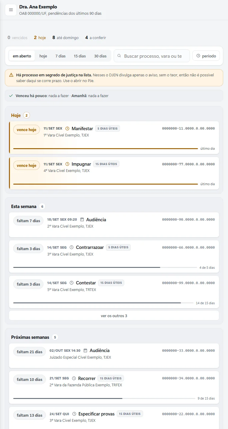 O mesmo painel aberto no celular, com o prazo que vence hoje, a barra do prazo e os botões de resolver, abrir no PJe e jogar na agenda.