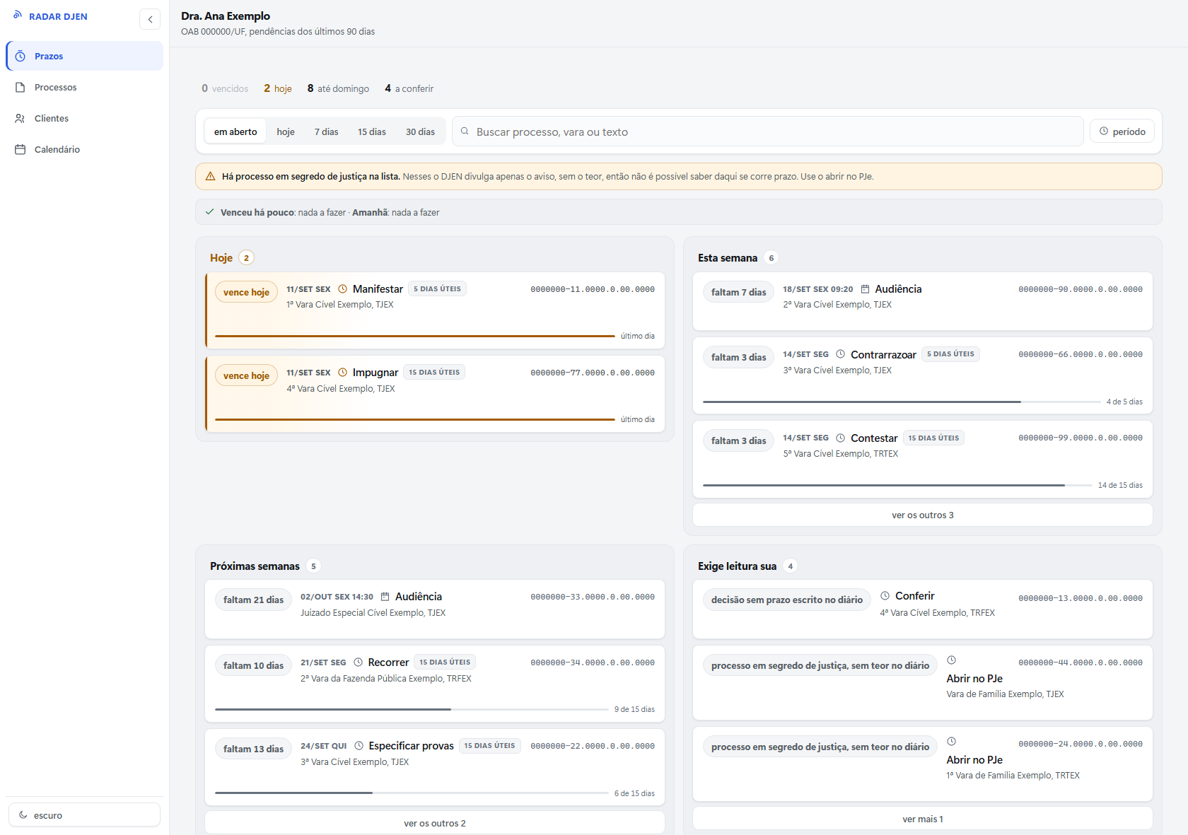 Painel do Radar DJEN com a pauta de uma advogada de exemplo, separada por vencimento: hoje, amanhã e esta semana, mais os itens que exigem leitura sua.